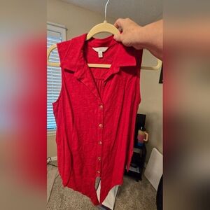 Time and Tru Red Sleeveless Button-Down Shirt